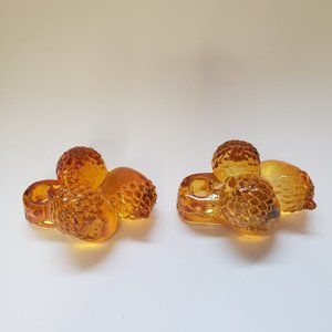 Williams Sonoma Amber Glass Acorn Cluster Candle Holder Pair